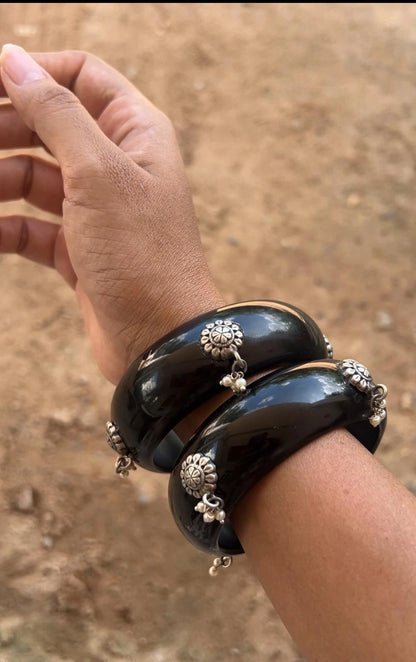 Black Resin bangles with silver motifs and pearl hangings