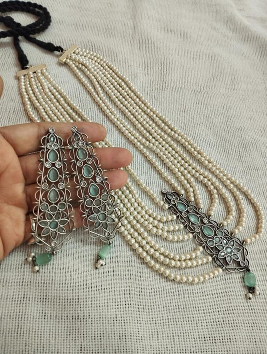 Oxidised pearl multi layer necklace set (mint)