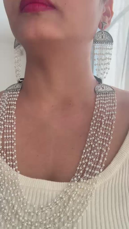 Oxidised pearl multi layer necklace set