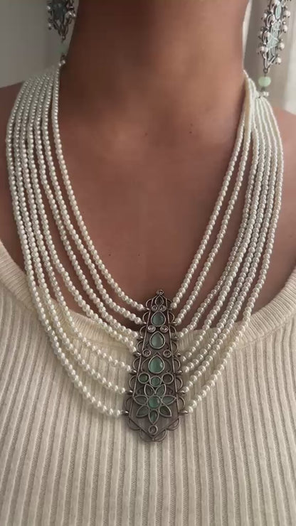 Oxidised pearl multi layer necklace set (mint)